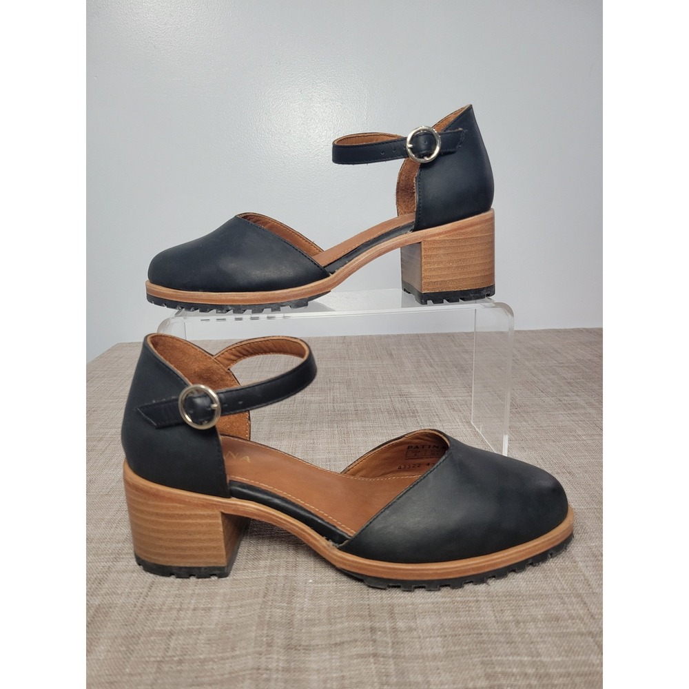 Patina Black Leather Ankle Strap d'Orsay Block Heel Lug Sole Shoes Womens 41
